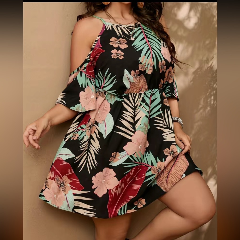 Tropical Cold Shoulder Round Neck Nipped Waist Slight Stretch Mini Dress 3X